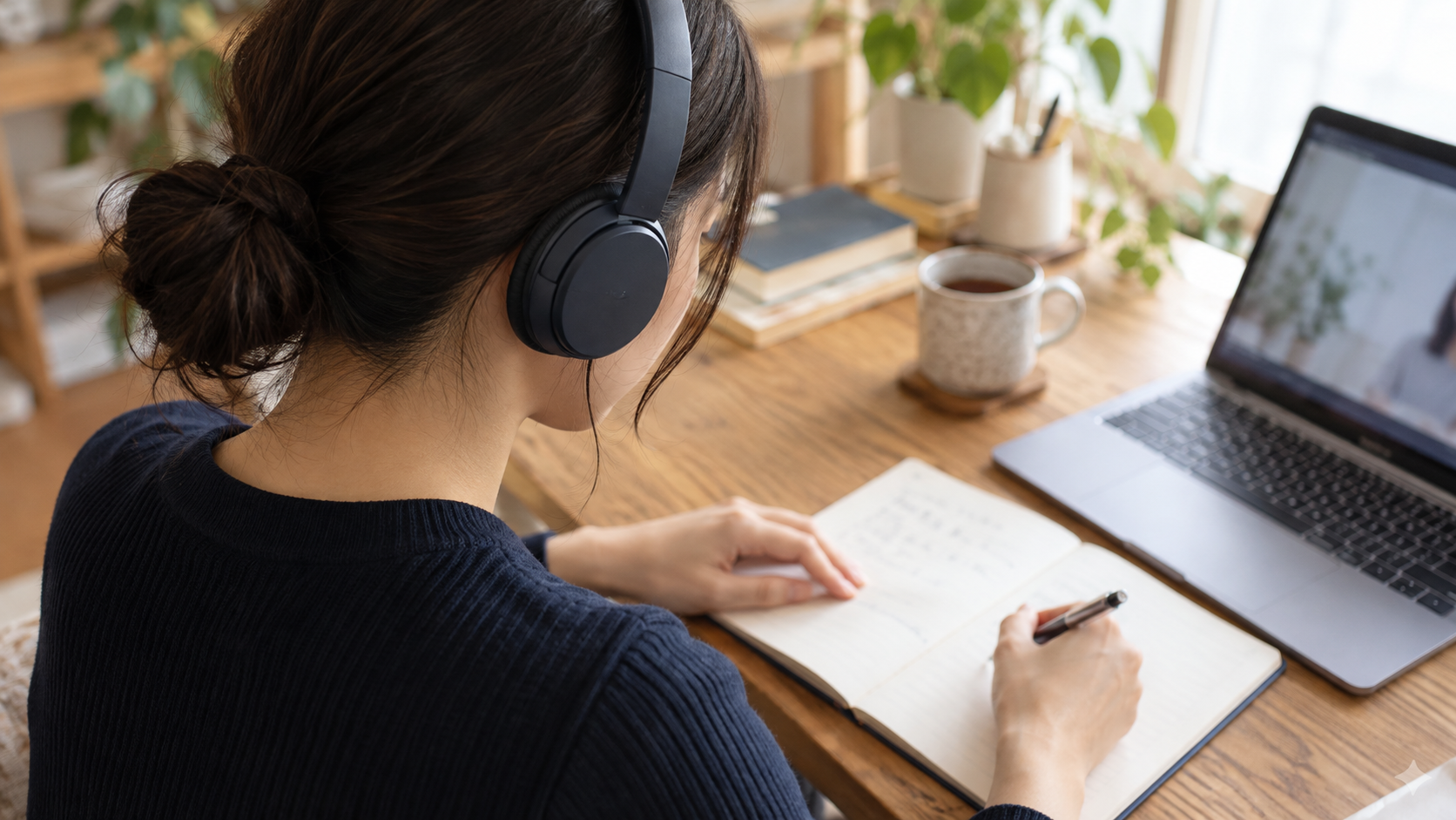 ヘッドホンで音声を聞き、ノートに書き取る様子