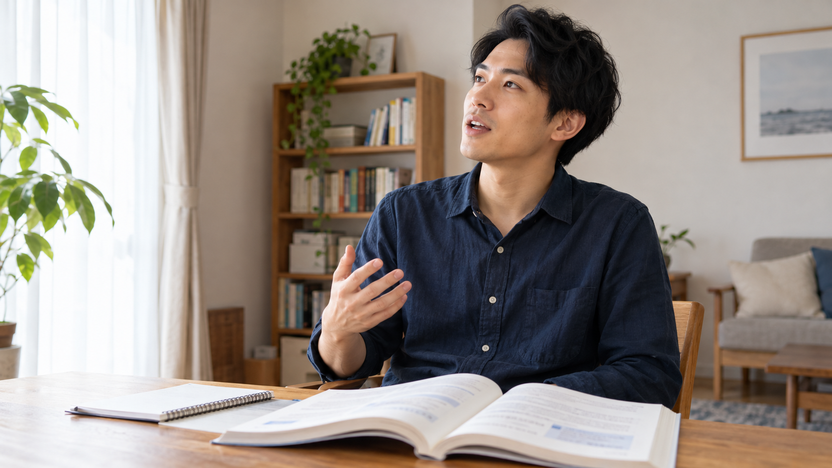 英語の教材で覚えた表現を、一人で声に出して練習する様子